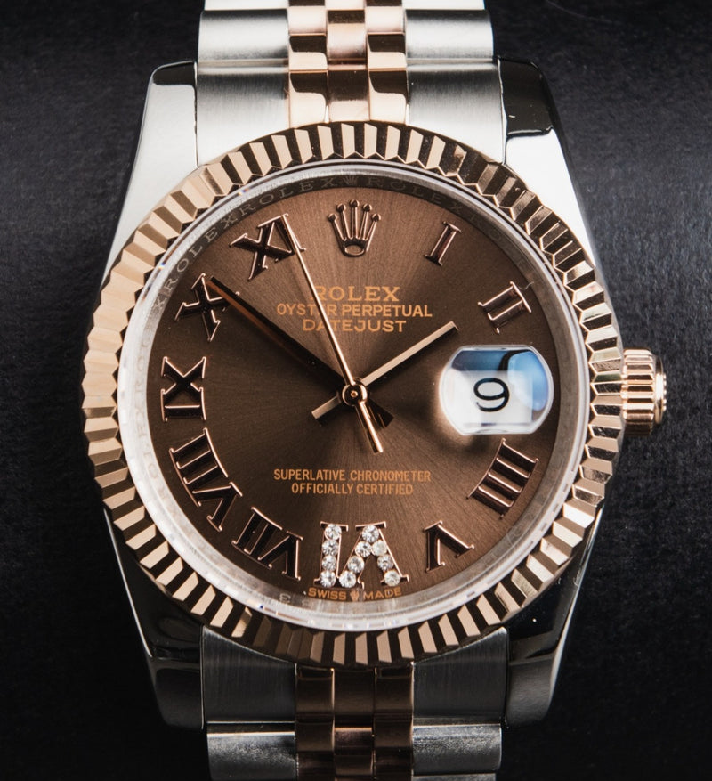 Rolex Datejust 31mm/36mm Aço/Rosé Mostrador Marrom Luneta Canelada