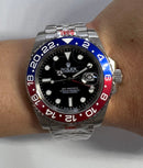 Rolex GMT Master II PEPSI 40mm Mostrador Preto Luneta Azul/Vermelh