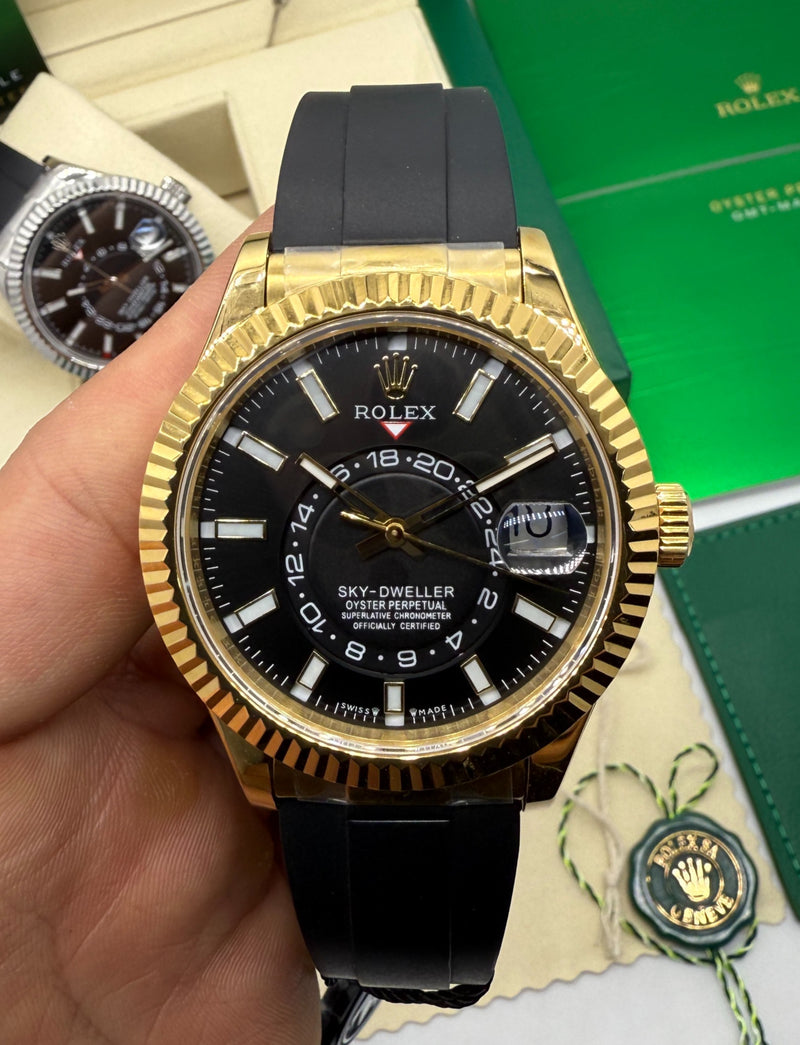 Rolex Sky-Dweller - 42 mm, Aço/Ouro 904L - Mostrador Preto - OysterFlex - CLONE