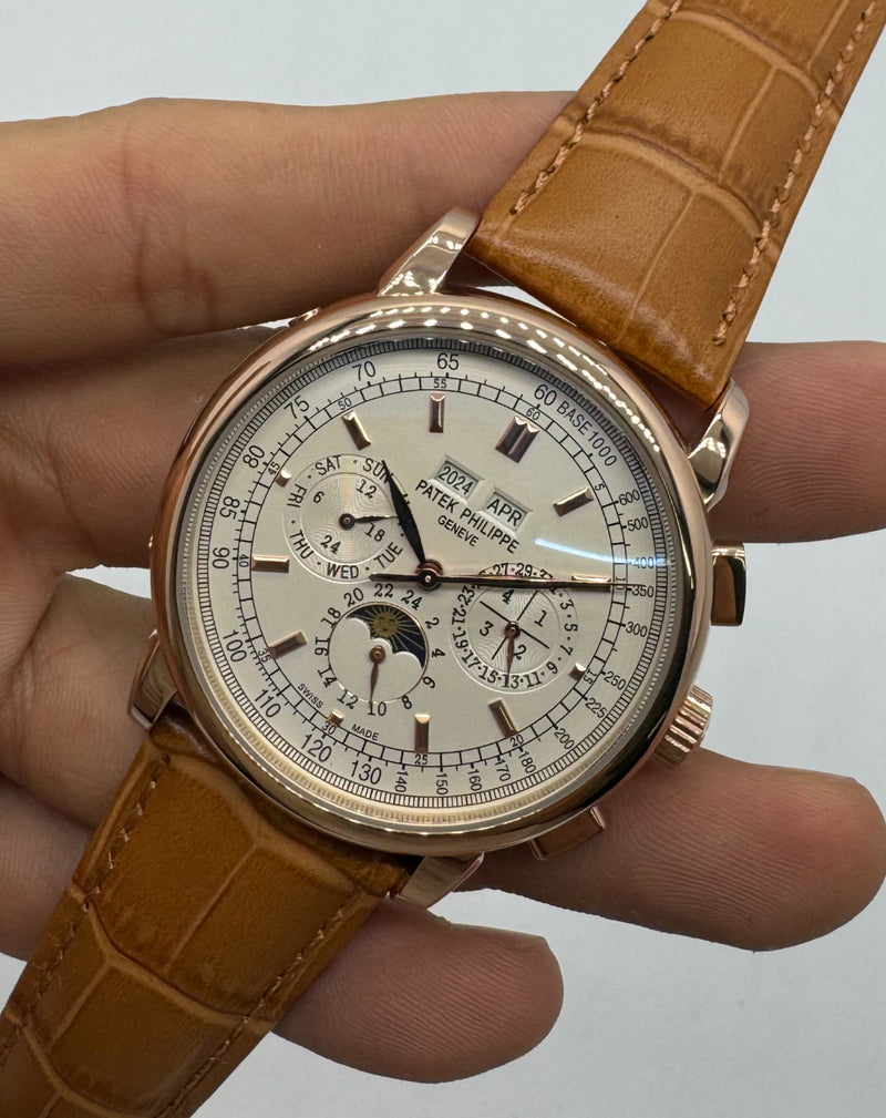 Patek Phillippe Fases da Lua 42mm Aço/Rose, Pulseira Couro