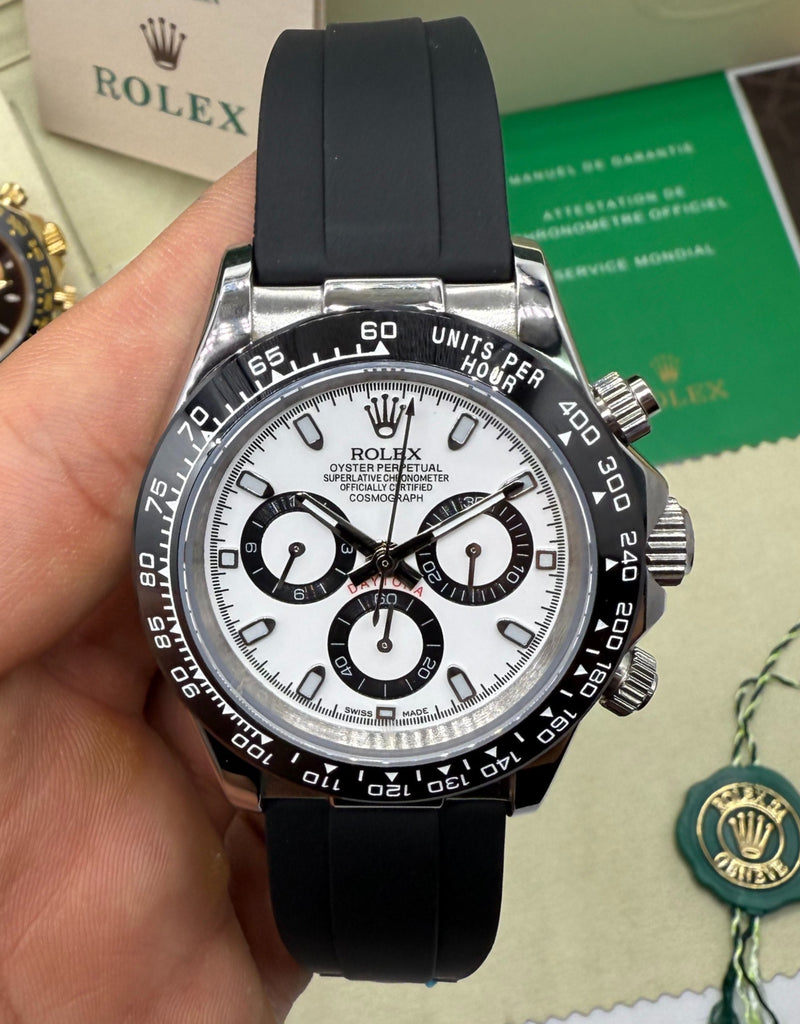 Rolex Daytona 40mm Aço Mostrador Branco Luneta Preta, Pulseira OysterFlex