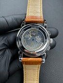 Patek Phillippe Fases da Lua 42mm Aço Mostrador Prata, Pulseira Couro