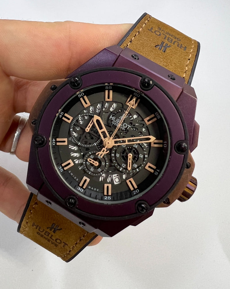 Hublot King Power 48mm Aço/OxPurple, Mostrador Preto Esqueleto