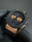 Hublot Classic Chrono Rosè 45mm Mostrador Preto Puls. Borracha/Couro