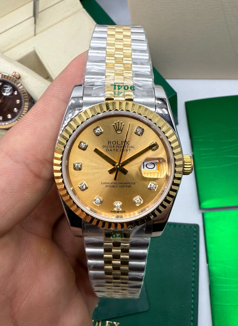 Rolex Date-Just 31mm/36mm Aço/Dourado, Mostrador Dourado, Luneta Canelada