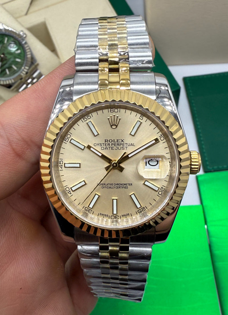 Rolex Date-Just 41mm/36mm Aço/Dourado, Mostrador Dourado, Luneta Canelada