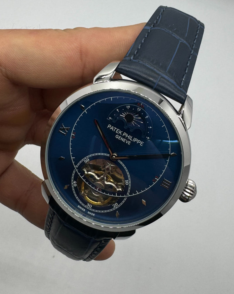 Patek Phillippe Fases da Lua Turbilhão 42mm Aço, Pulseira Couro