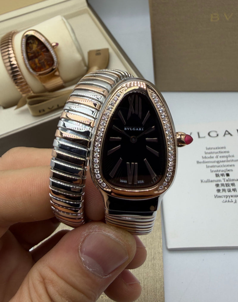 Bvlgari Serpenti Tubogas 01 Volta 35mm Aço/Rose Mostrador Preto - Cravejado