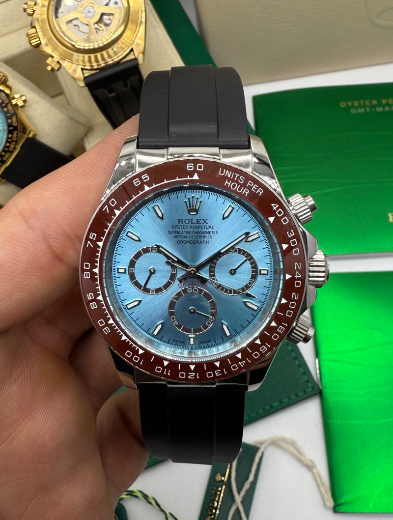 Rolex Daytona 40mm Aço Mostrador Ice Blue Luneta Marrom
