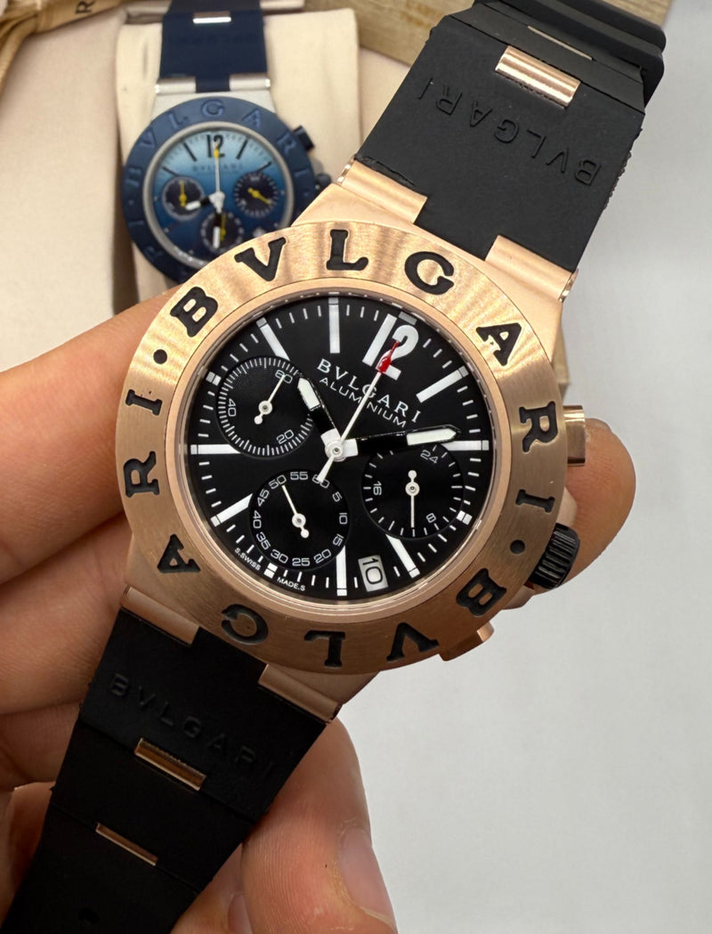 Bvlgari Aluminium Crono 41mm - Aço/Rose - Mostrador Preto