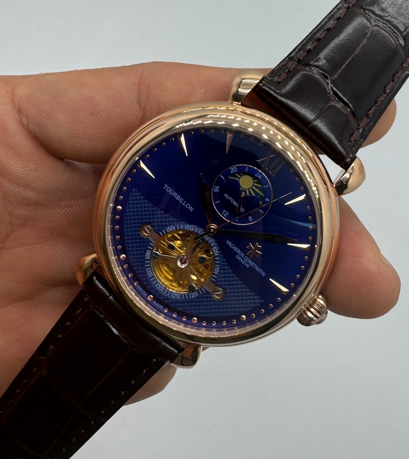 Vacheron Constantin Fases da Lua Turbilhão Aço/Rose 42mm, Mostrador Azul