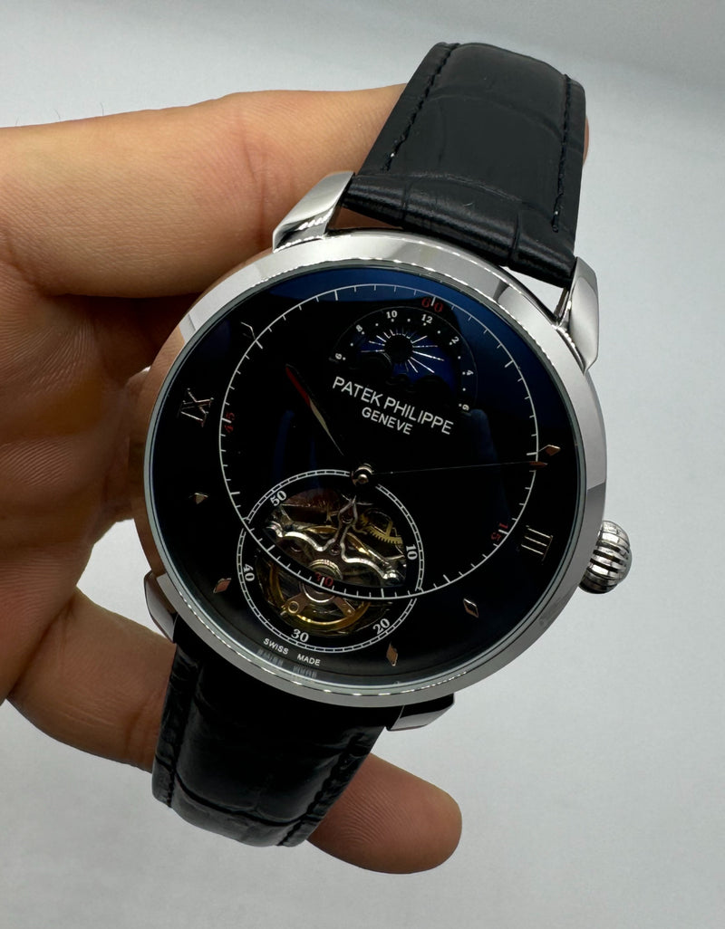 Patek Phillippe Fases da Lua Turbilhão 42mm Aço, Pulseira Couro