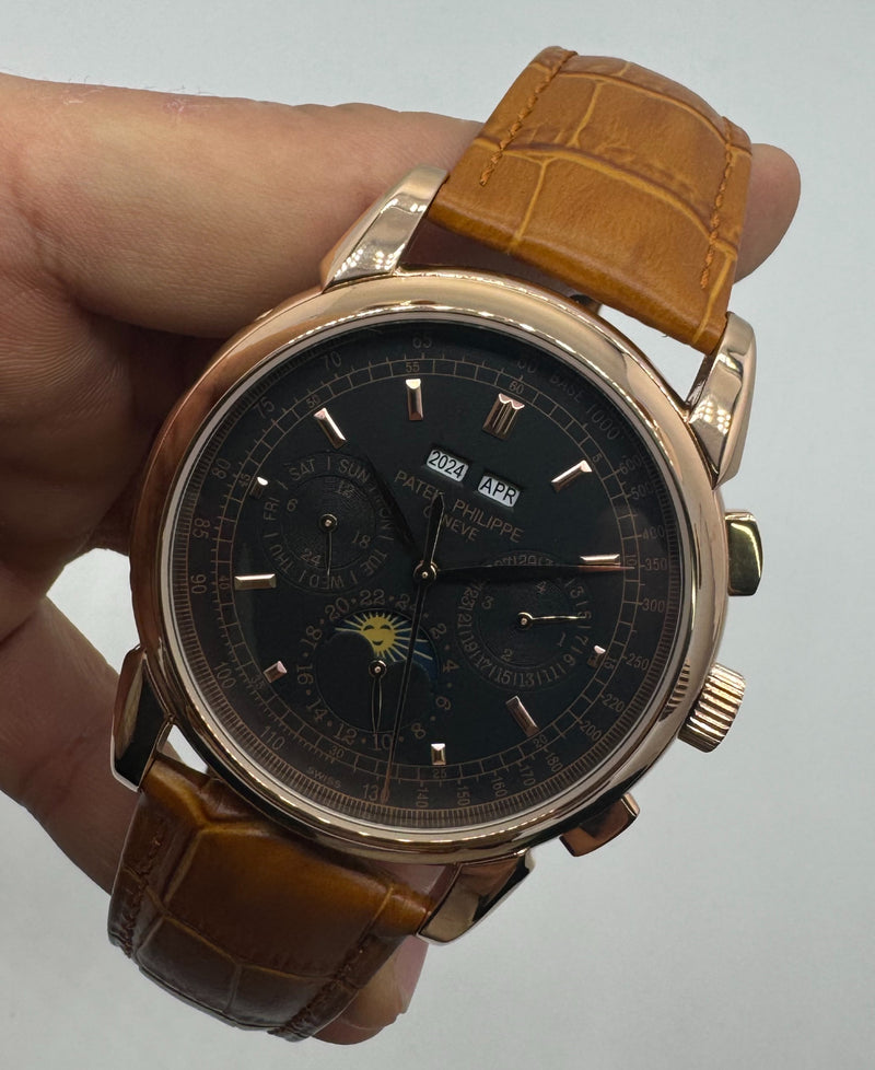 Patek Phillippe Fases da Lua 42mm Aço/Rose, Pulseira Couro