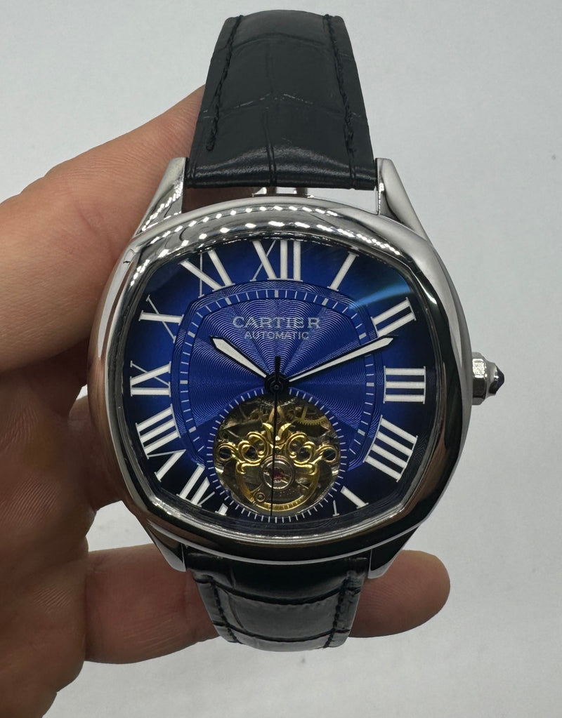 Cartier Drive 41mm Turbilhão Aço - Mostrador Azul - Pulseira Couro