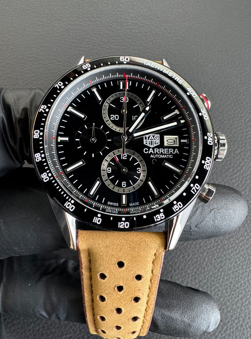 Tag Heuer Carrera Aço 43mm, Mostrador Preto, Puls. Couro