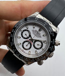 Rolex Daytona 40mm Aço Mostrador Branco Luneta Preta Pulseira Oysterflex