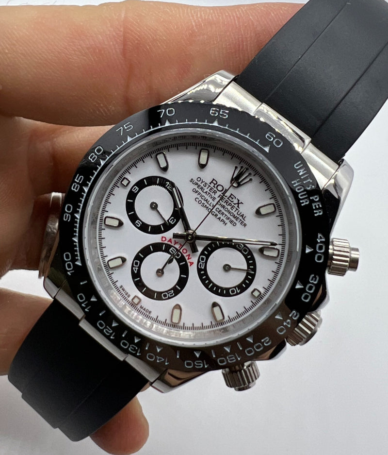 Rolex Daytona 40mm Aço Mostrador Branco Luneta Preta Pulseira Oysterflex