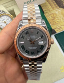 Rolex Date-Just 41mm/36mm Wimbledon Aço/Rose, Mostrador Cinza, Luneta Canelada