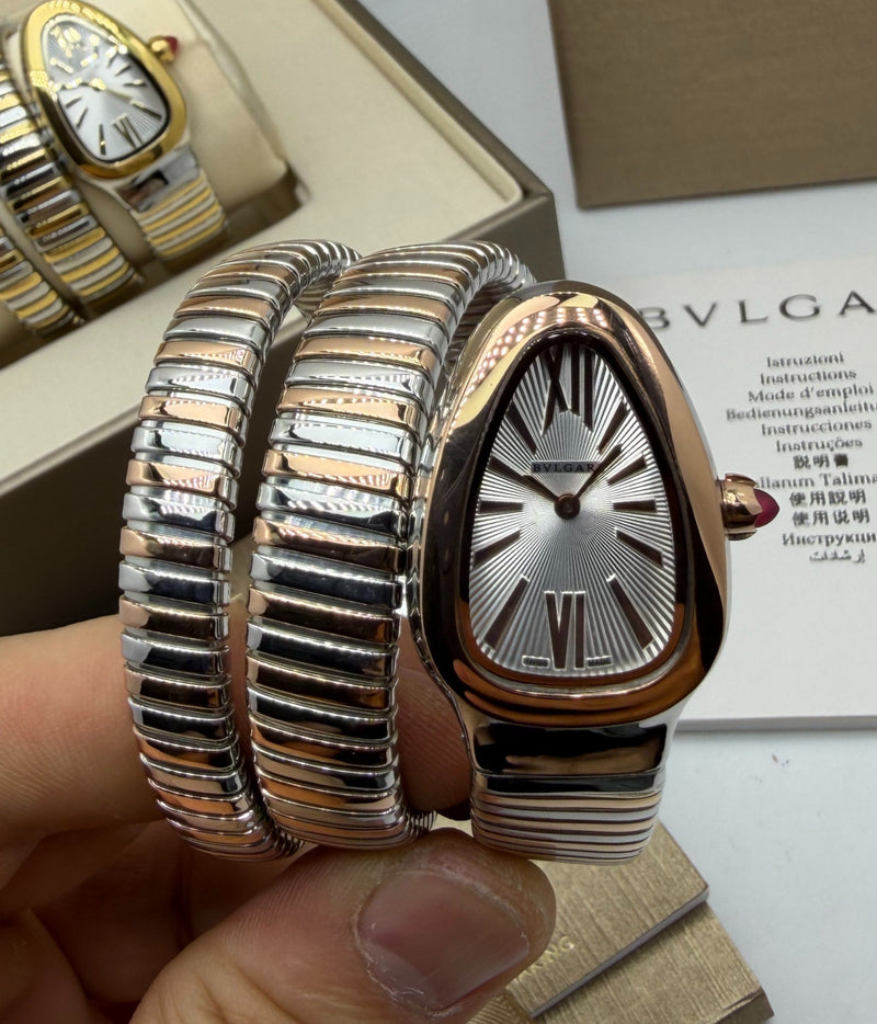 Bvlgari Serpenti Tubogas 02 Voltas 35mm Aço/Rose Mostrador Prata