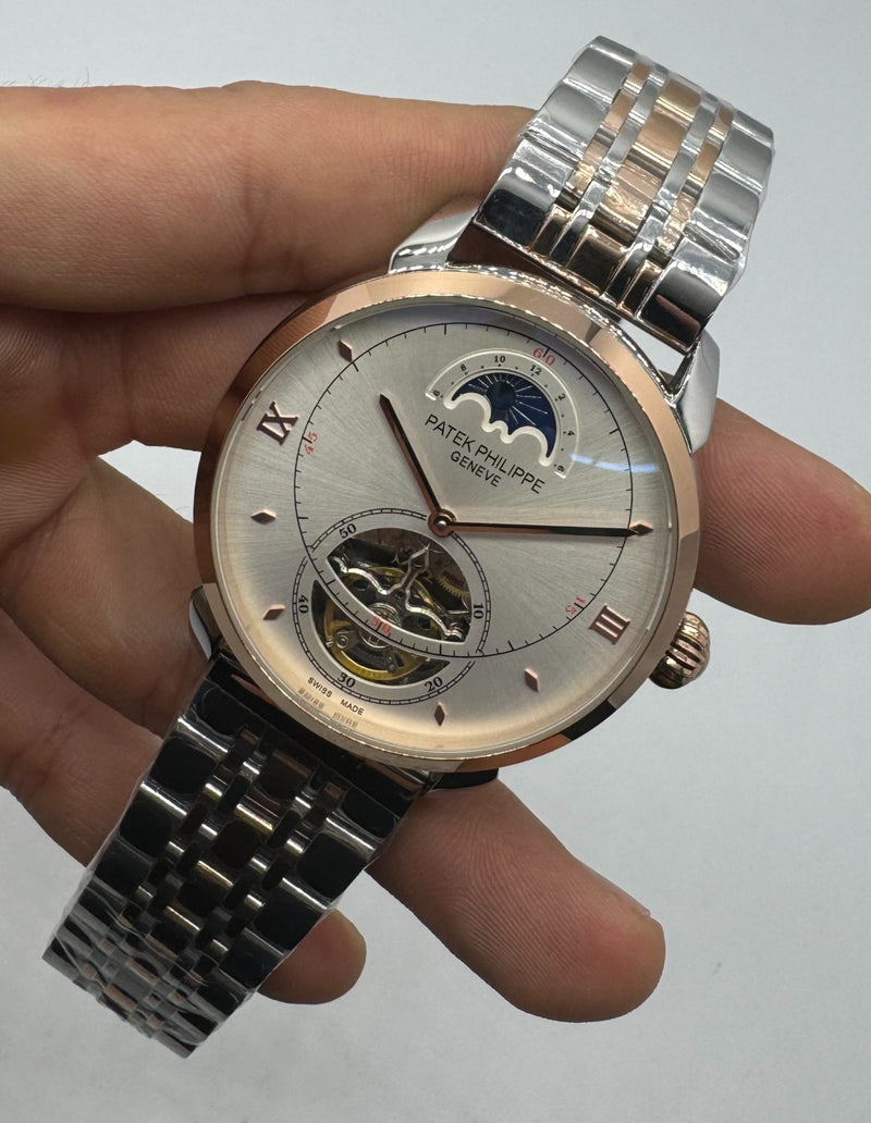 Patek Phillippe Fases da Lua Turbilhão 42mm Aço/Rose, Pulseira Aço