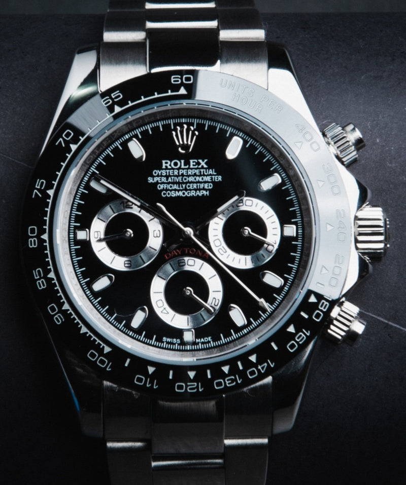 Rolex Daytona 40mm Aço Mostrador Preto Luneta Preta