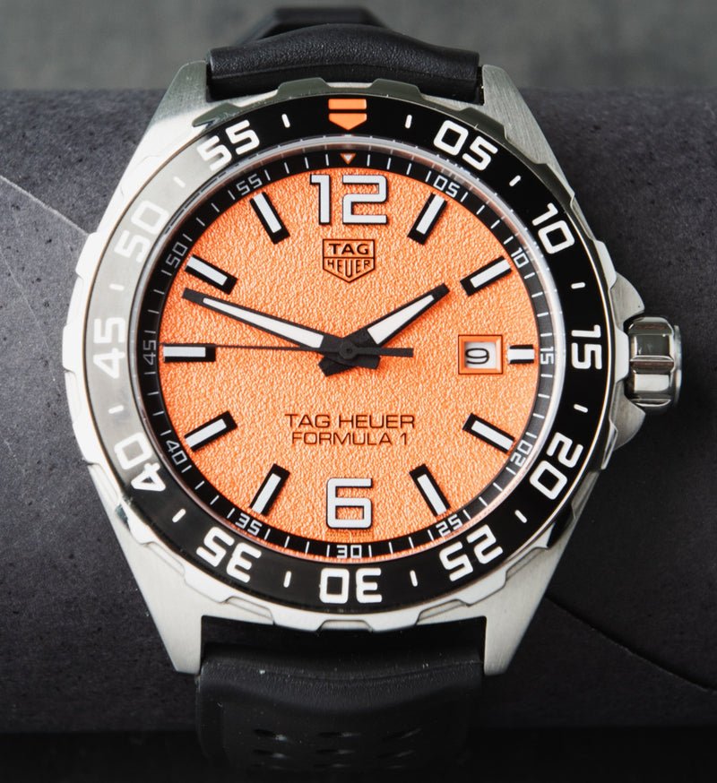 Tag Heuer F1 43mm Aço Mostrador Laranja Luneta Preta Pulseira Borracha