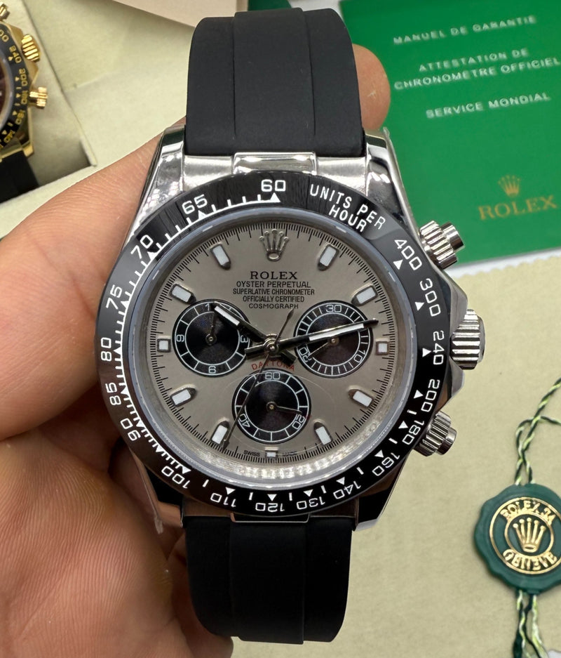 Rolex Daytona 40mm Aço Mostrador Prata Luneta Preta, Pulseira OysterFlex