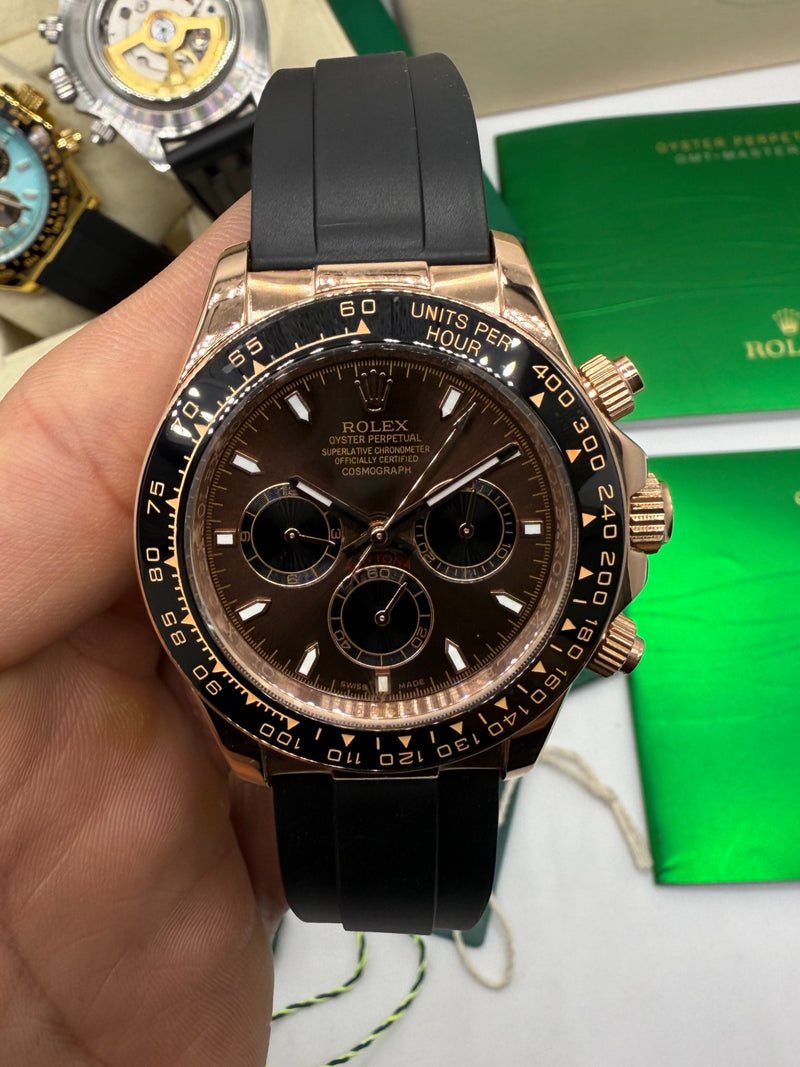 Rolex Daytona 40mm Dourado Mostrador Marrom, Luneta Preta