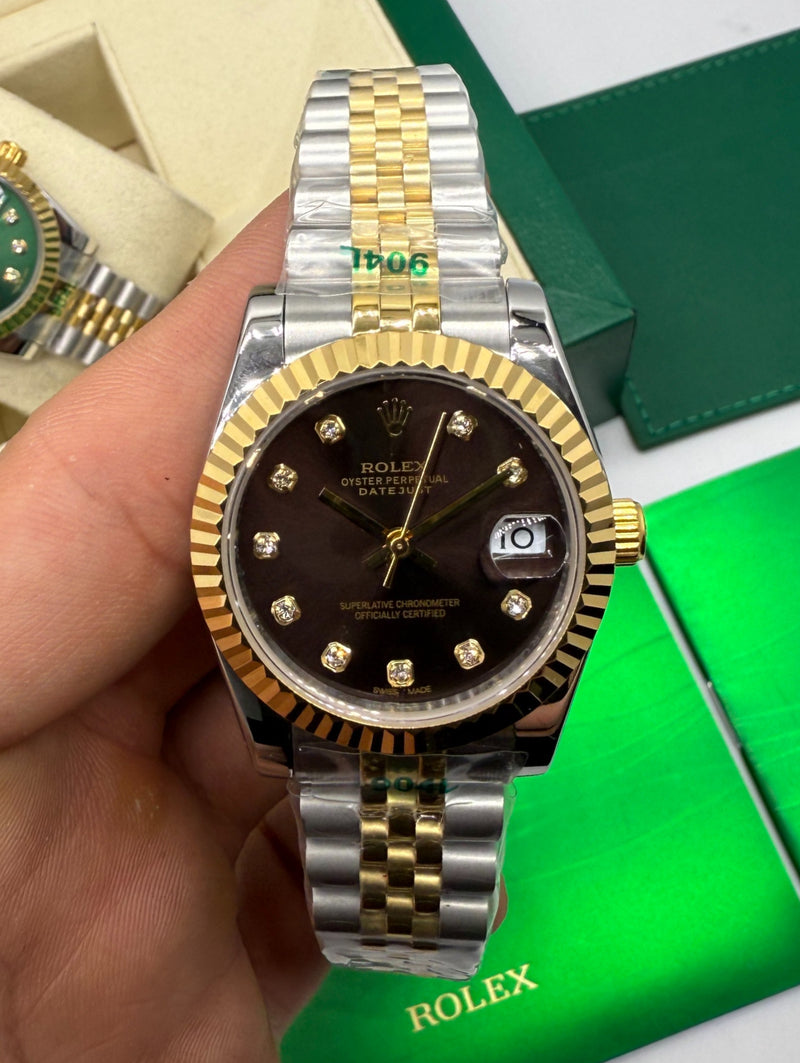 Rolex Date-Just 31mm/36mm Aço/Dourado, Mostrador Marrom, Luneta Canelada