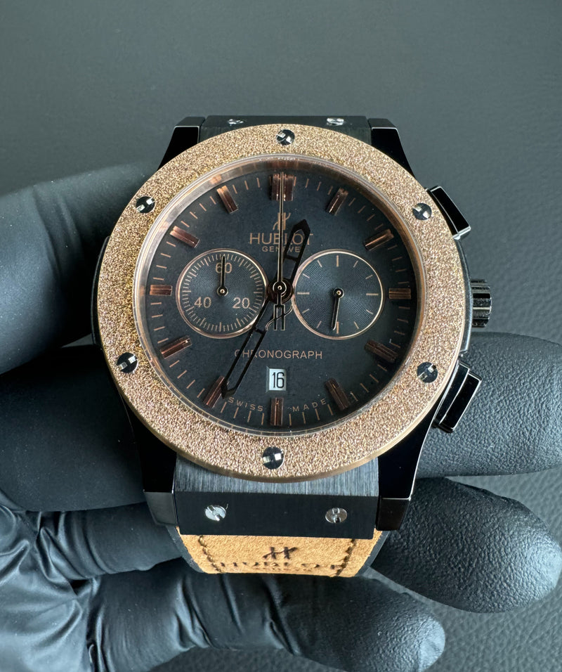 Hublot Classic Chrono Rosè 45mm Mostrador Preto Puls. Borracha/Couro