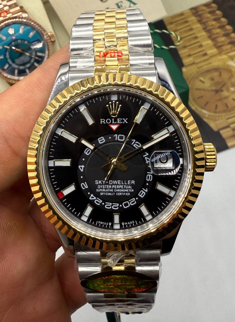 Rolex Sky-Dweller - 42 mm, Aço/Ouro - Mostrador Preto - Jubilee - CLONE
