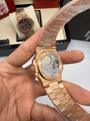 Patek Philippe Nautilus Fases da Lua 40mm, Aço/Rose, Mostrador Prata