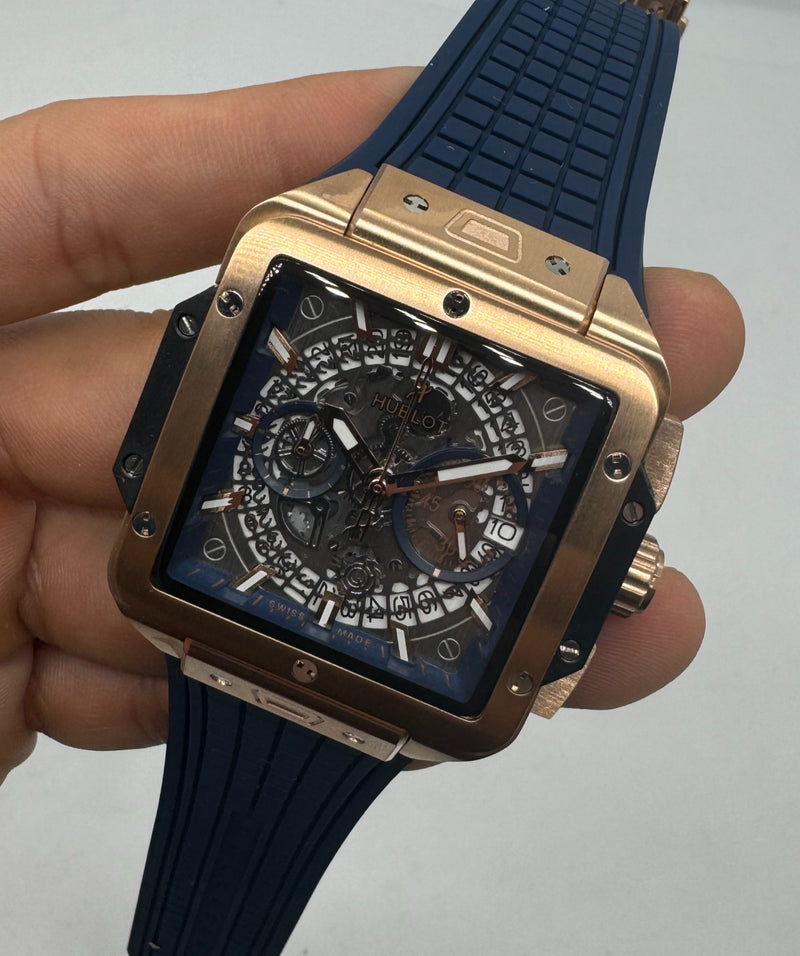 Hublot Square Bang Aço/Rose 44mm, Mostrador Azul Esqueleto