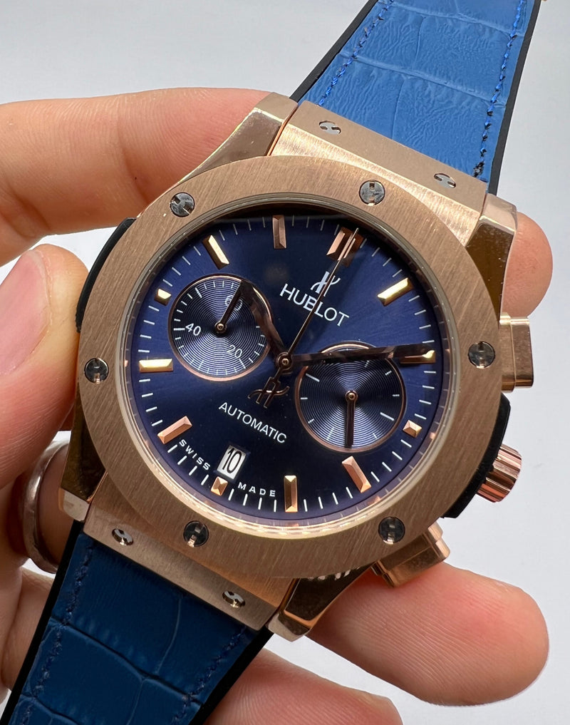 Hublot Classic Chrono 45mm Rosé Mostrador Azul Pulseira Couro Azul