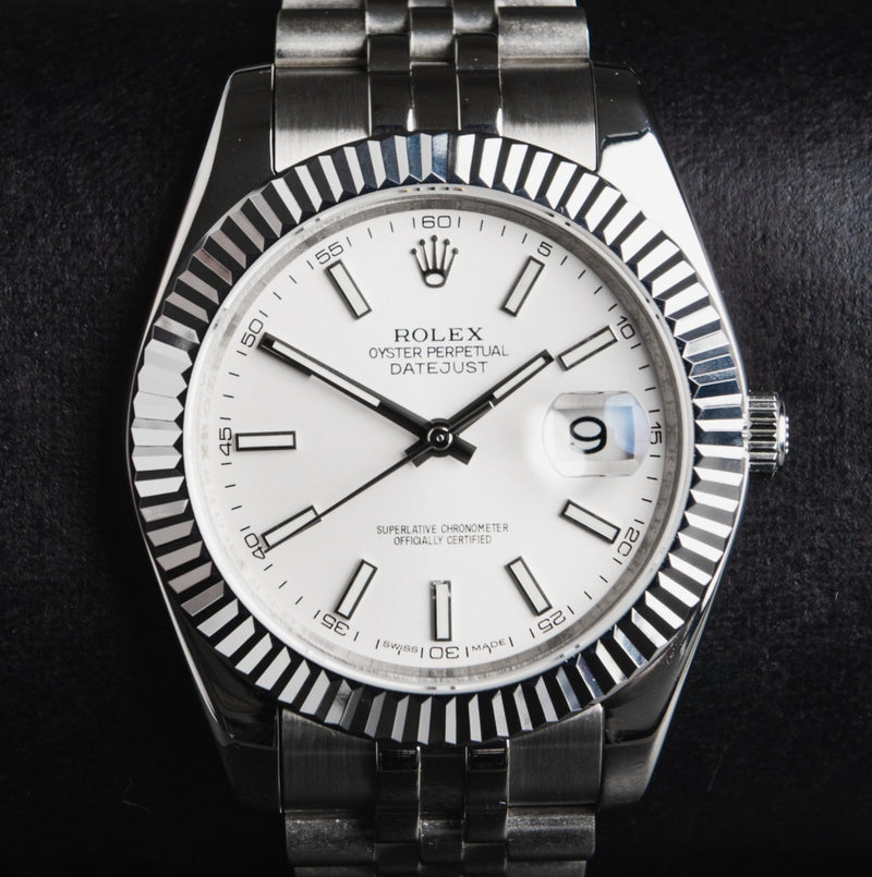 Rolex Datejust 41/36mm Aço Mostrador Branco, Luneta Canelada