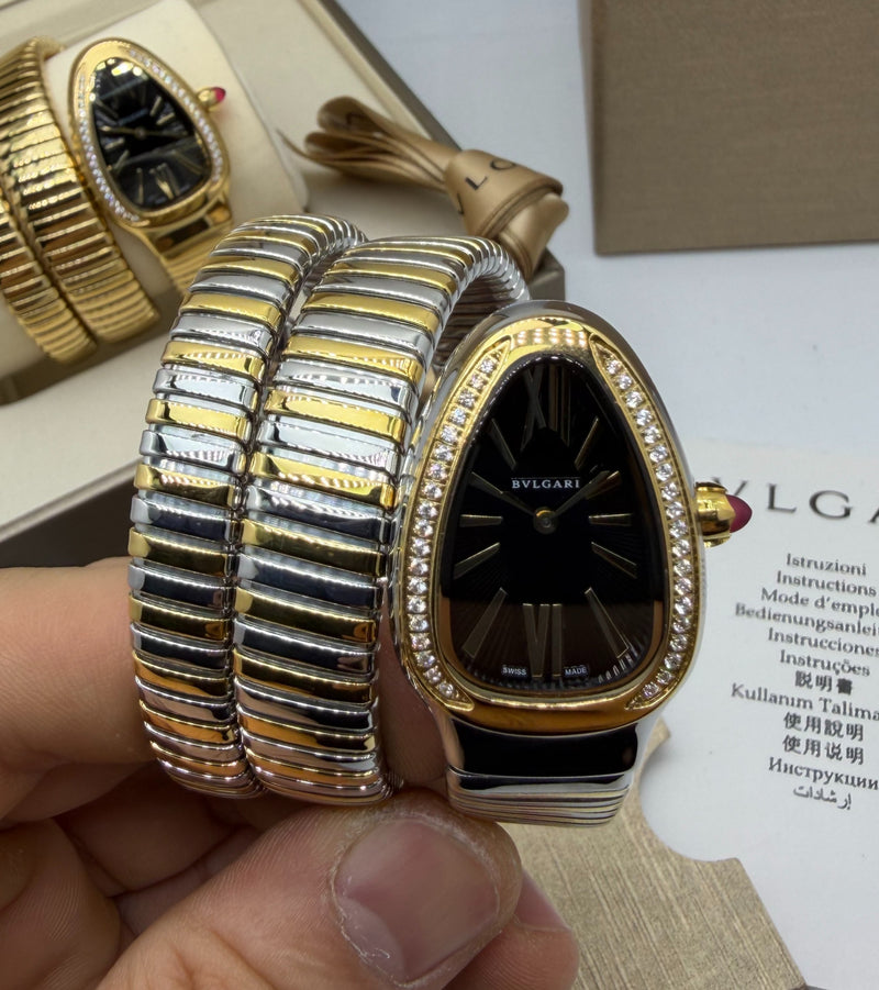 Bvlgari Serpenti Tubogas 02 Volta 35mm Aço/Dourado Mostrador Preto - Cravejado
