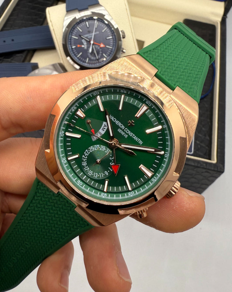 Vacheron Constantin Overseas Dual Time Aço/Rose 41mm, Mostrador Verde