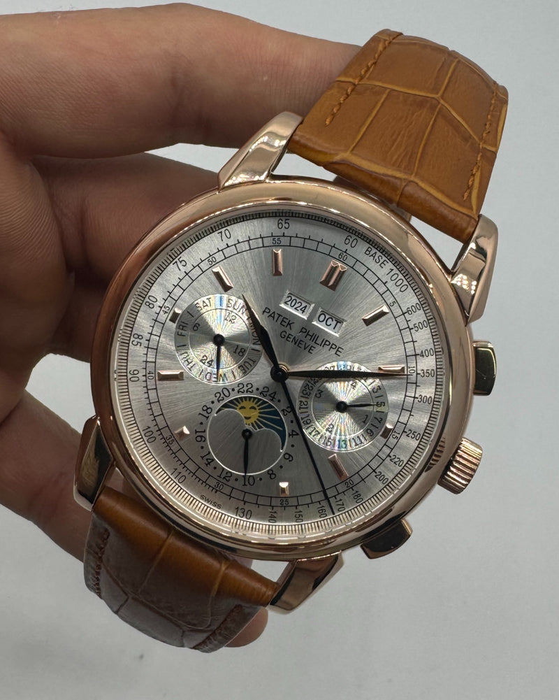 Patek Phillippe Fases da Lua 42mm Aço/Rose, Pulseira Couro