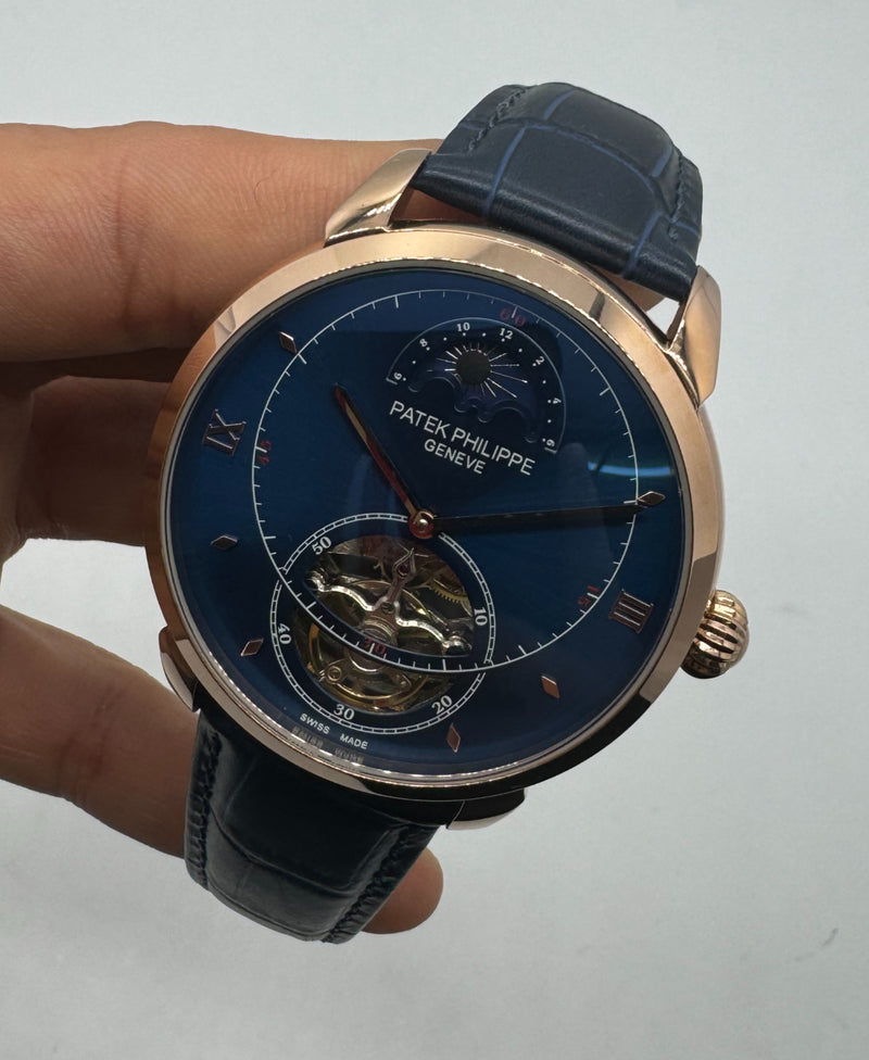 Patek Phillippe Fases da Lua Turbilhão 42mm Aço/Rose, Pulseira Couro