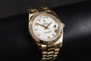 Rolex Day-Date 40mm Dourado, Mostrador Branco Luneta Canelada