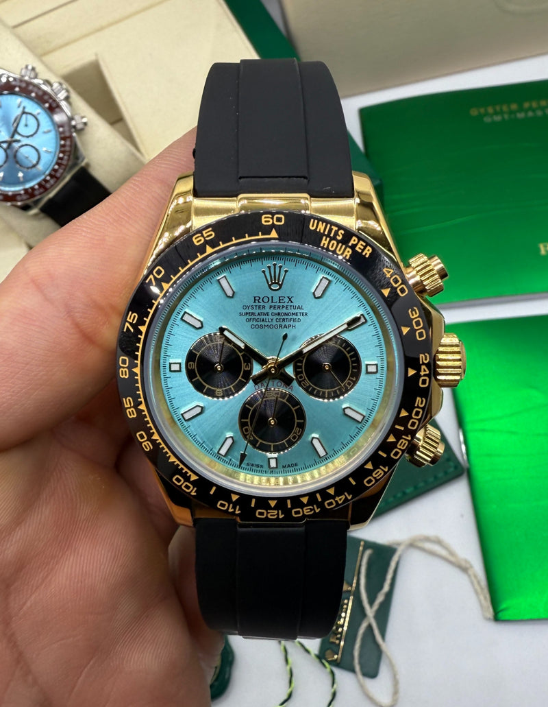Rolex Daytona 40mm Dourado Mostrador Ice Blue Luneta Preta