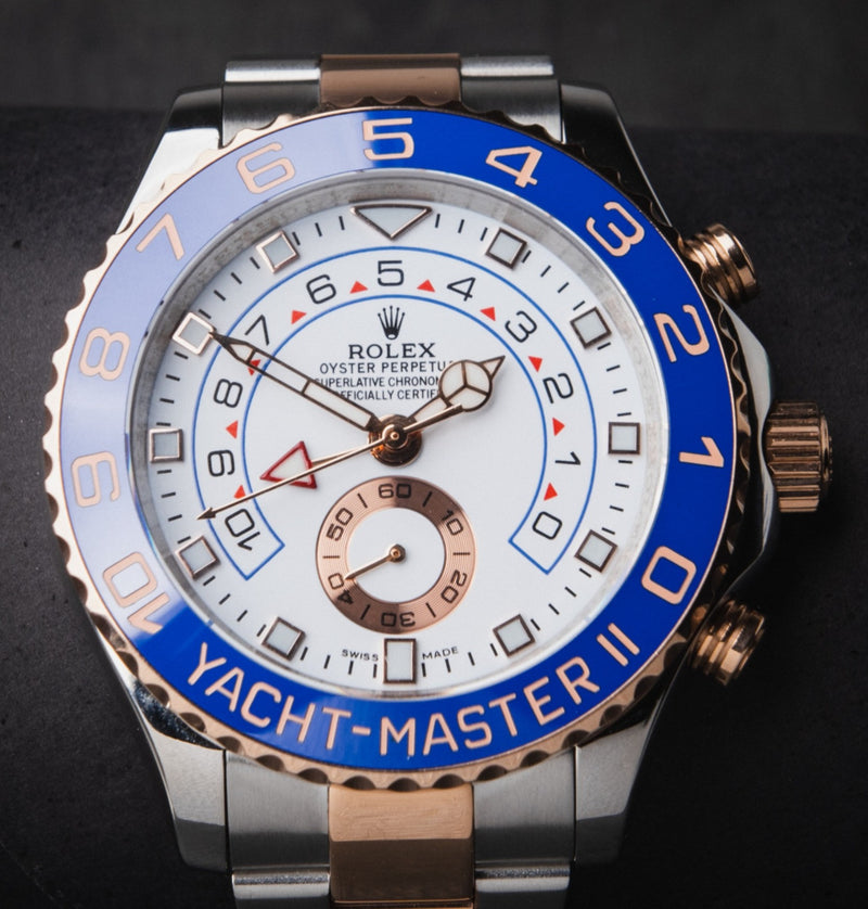 Rolex Yacht-Master II 44mm Aço/Rosé Mostrador Branco Luneta Azul