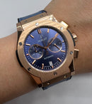 Hublot Classic Chrono 45mm Rosé Mostrador Azul Pulseira Couro Azul