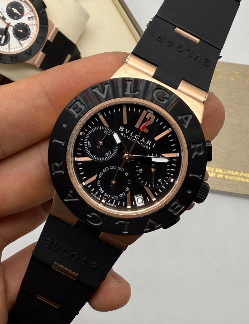 Bvlgari Aluminium Crono 41mm - Aço/Rose - Mostrador Preto