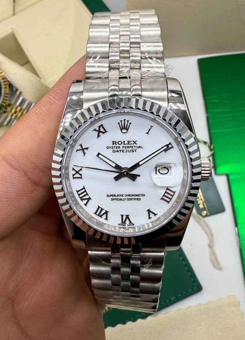 Rolex Date-Just 31mm/36mm Aço, Mostrador Branco, Luneta Canelada