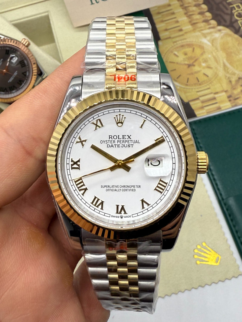 Rolex Date-Just 41mm/36mm Aço/Dourado, Mostrador Branco, Luneta Canelada