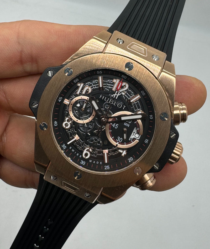 Hublot Big Bang 44mm Aço/Rose Mostrador Preto Esqueleto