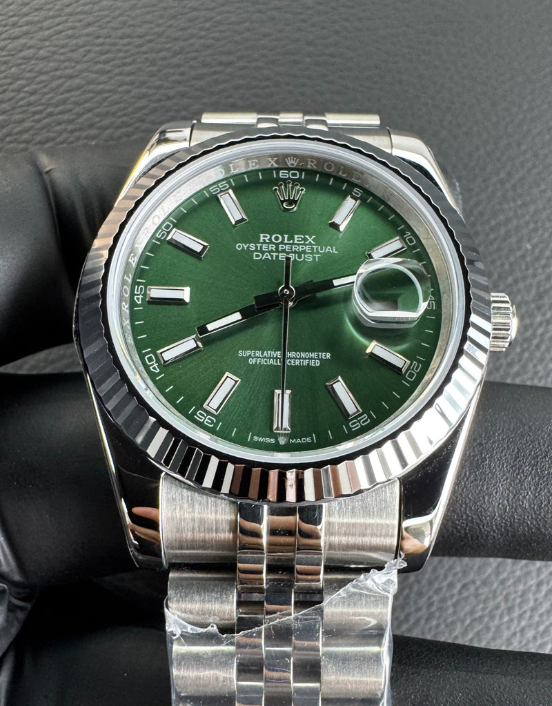 Rolex Datejust 41/36mm Aço Mostrador Verde, Luneta Canelada