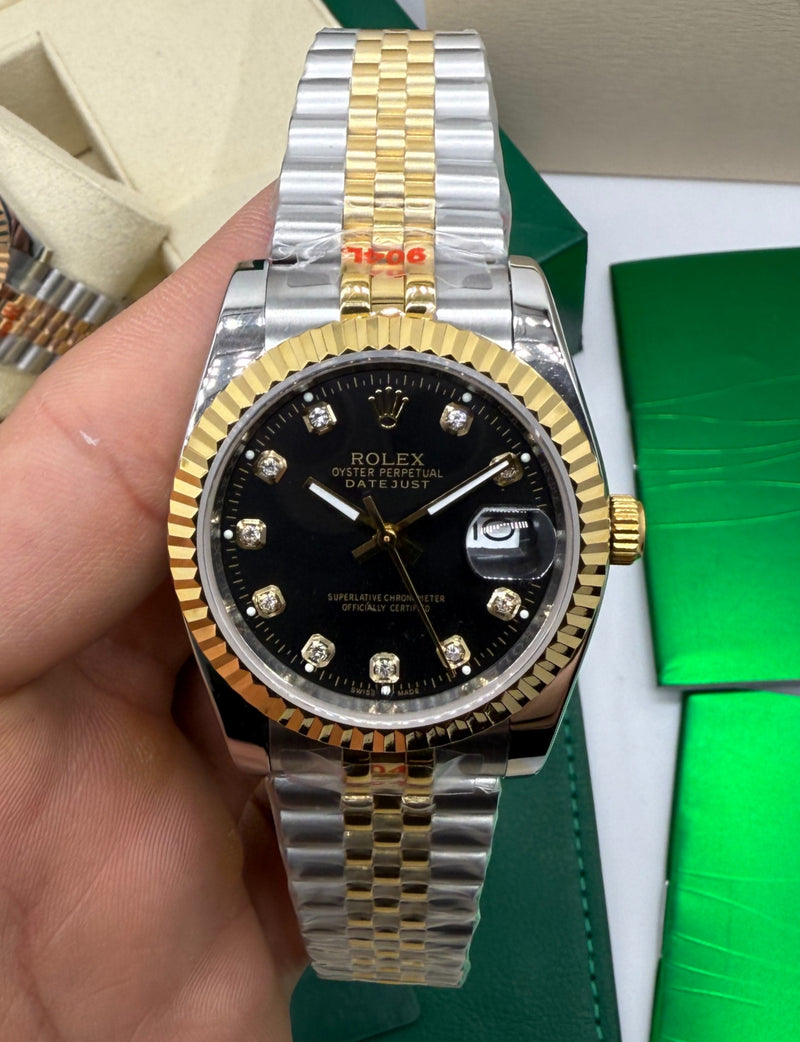 Rolex Date-Just 41mm/36mm/31mm Aço/Dourado, Mostrador Preto, Luneta Canelada