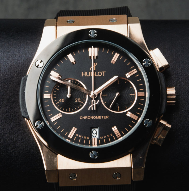 Hublot Classic Chrono 45mm Rosé Mostrador Preto Bisel Preto